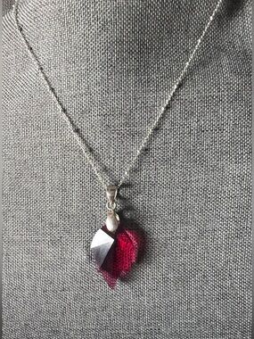 Artisan Sterling Silver Necklace Deep Ruby-Pink Leaf Crystal Pendant
